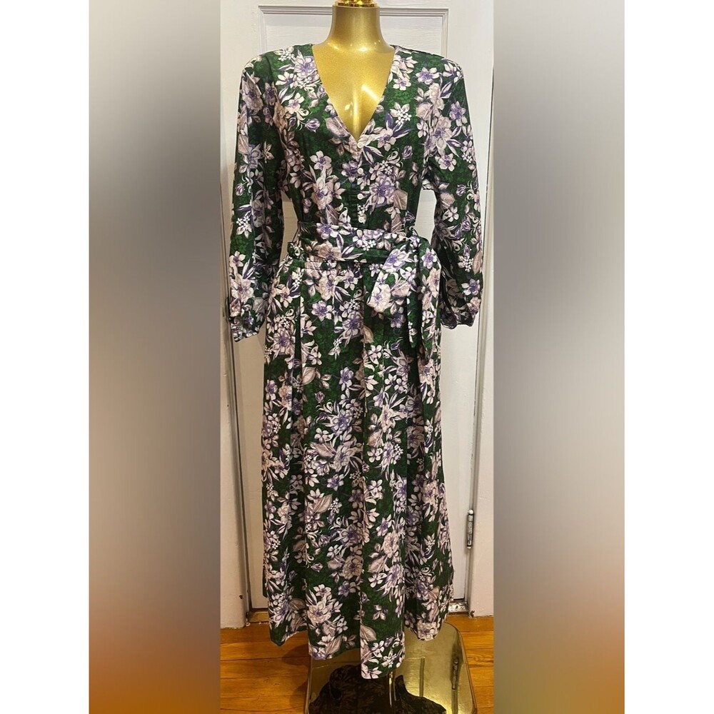 Tower Hill Christie Brinkley Cotton Poplin Floral Belted Midi Dress Green M NWOT